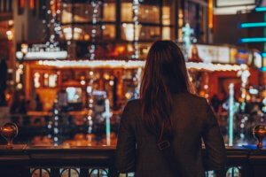 On a bridge near the dancing fountains at The Grove